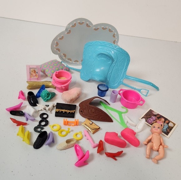 Vintage 1990s Barbie Miniature Accessories Shoes Saddle Baby Parts Pieces 90s - Picture 1 of 10